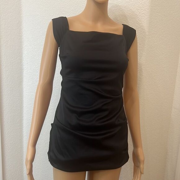 Betsy & Adam Size 4 Black Dress Black Slimming Ruching Square Neck Capped Sleeve - Picture 3 of 10